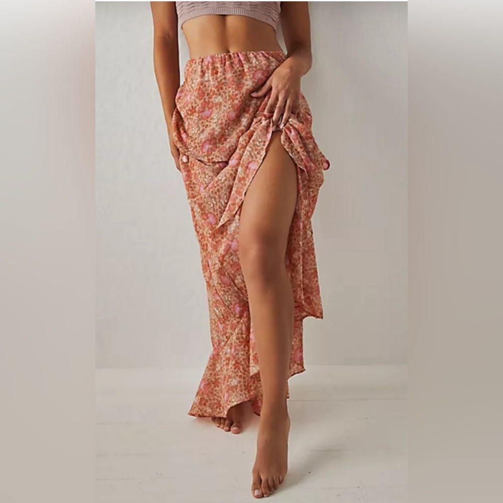 NWOT Free People Intimately Romance Me Beige Tan Orange Floral Maxi Skirt XS - Picture 2 of 13